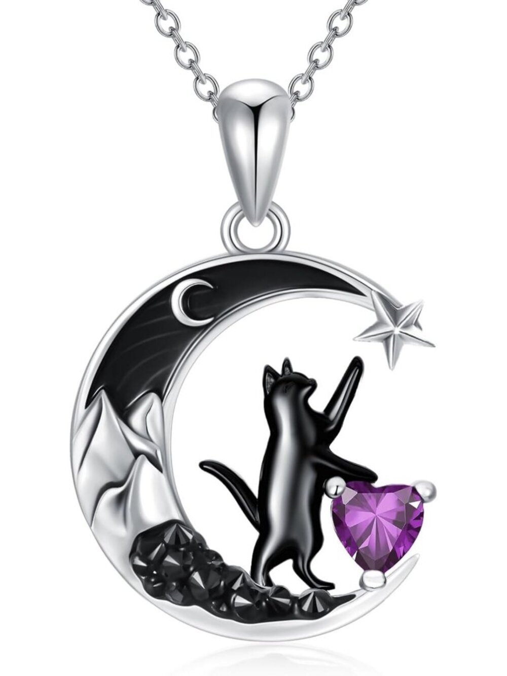 Gothic Black Cat Pendant Necklace with Birthstone - 925 Sterling Silver Moon